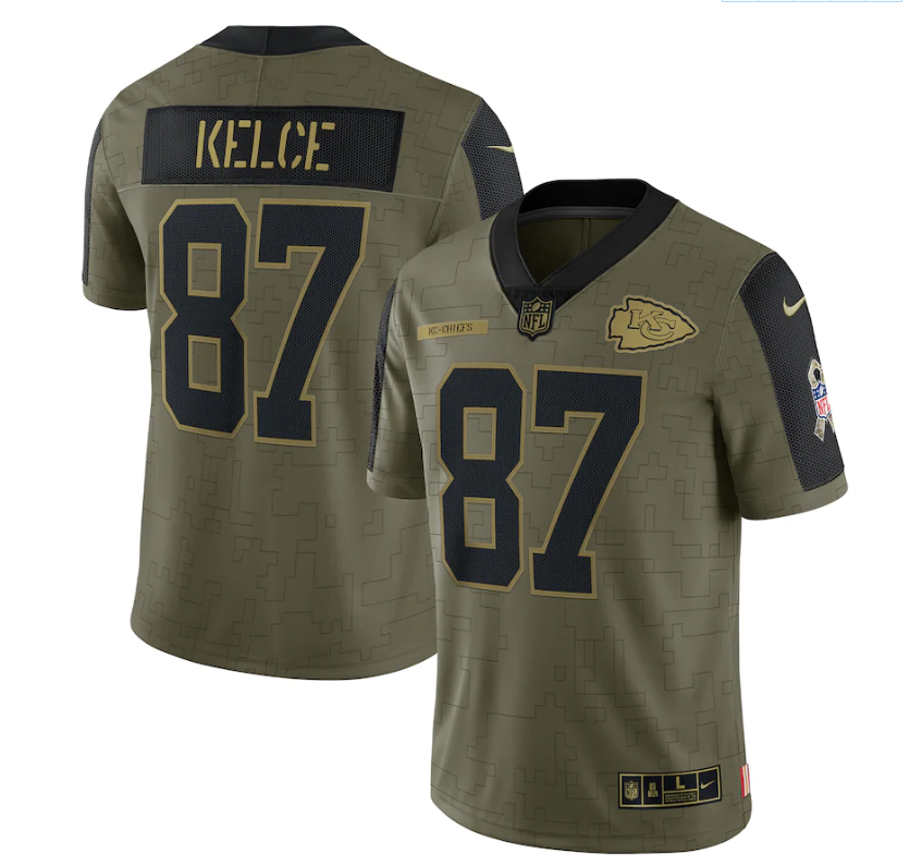 Men's Kansas City Chiefs #87 Travis Kelce 2021 Olive Salute To Service Limited Stitched Men's Kansas City Chiefs #87 Travis Kelce 2021 Olive Salute To Service Limited Stitched